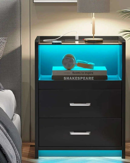 LED Smart Nightstand with Charging Station and Pull-out Tray - Modern Design with 2 Drawers