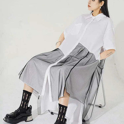 Trendy Plus Size White Mesh Shirt Dress with Irregular Splicing – Short Sleeve Fashion for Spring/Summer 2024