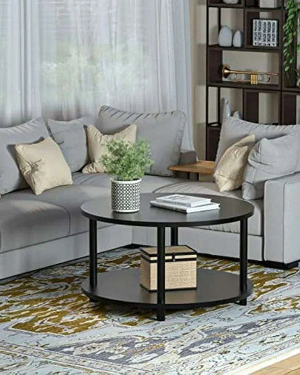 Sleek Round Black Wood Coffee Table with Multi-Level Storage - Durable Metal Legs for Home and Office