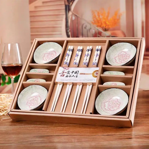 Chinese Dragon Chopsticks and Porcelain Dishware Set with Dragon Chopstick Rack