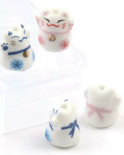 Whimsical Lucky Cat Ceramic Beads Set for Unique Jewelry Creations - 4 Pieces (13x14mm)