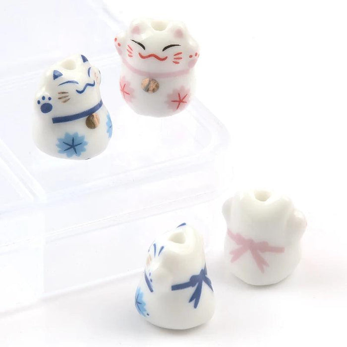 Whimsical Lucky Cat Ceramic Beads Set for Unique Jewelry Creations - 4 Pieces (13x14mm)