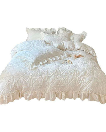 100% Cotton Ruffle Korean Princess Solid White Bedding Sets