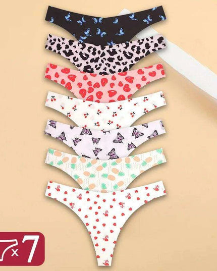 7Pcs Seamless Ice Silk Thong Set for Women - Fresh Low Waisted Print Underwear