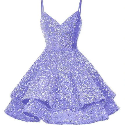 Sparkling Tiered Sequin Spaghetti Strap Short Cocktail Dress for Young Women