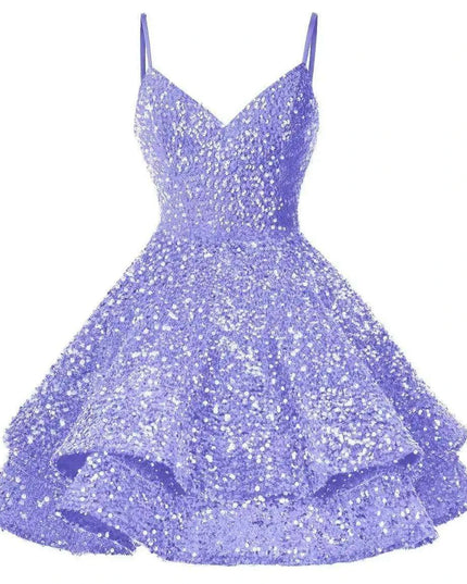 Sparkling Tiered Sequin Spaghetti Strap Short Cocktail Dress for Young Women
