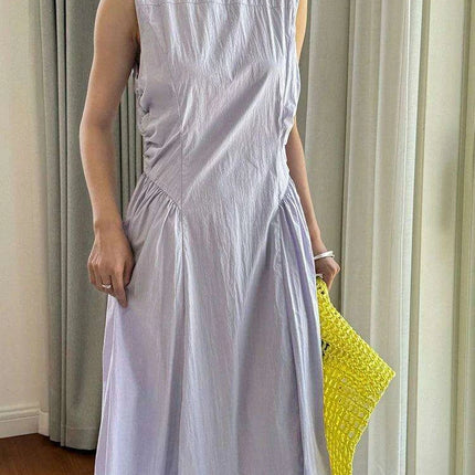 Chic White Pleated Plus Size Maxi Dress for Women - Sleeveless Round Neck Style