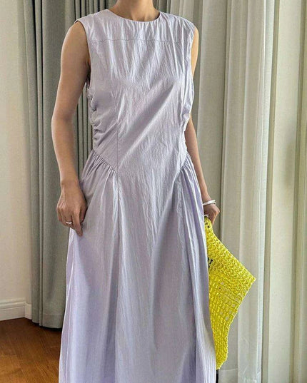 Chic White Pleated Plus Size Maxi Dress for Women - Sleeveless Round Neck Style