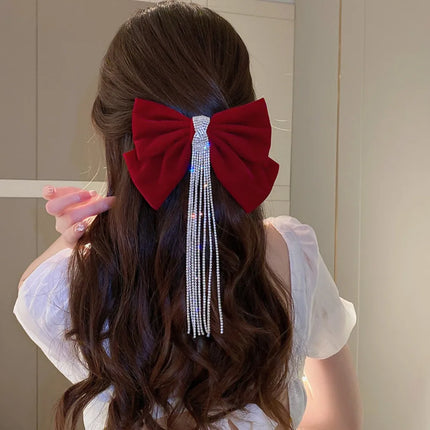 Velvet Bow Hair Clip with Rhinestone & Tassel | Korean Style