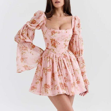 Floral Ruffled Puff Sleeve Backless Mini Dress for Women - Chic Party Clubwear