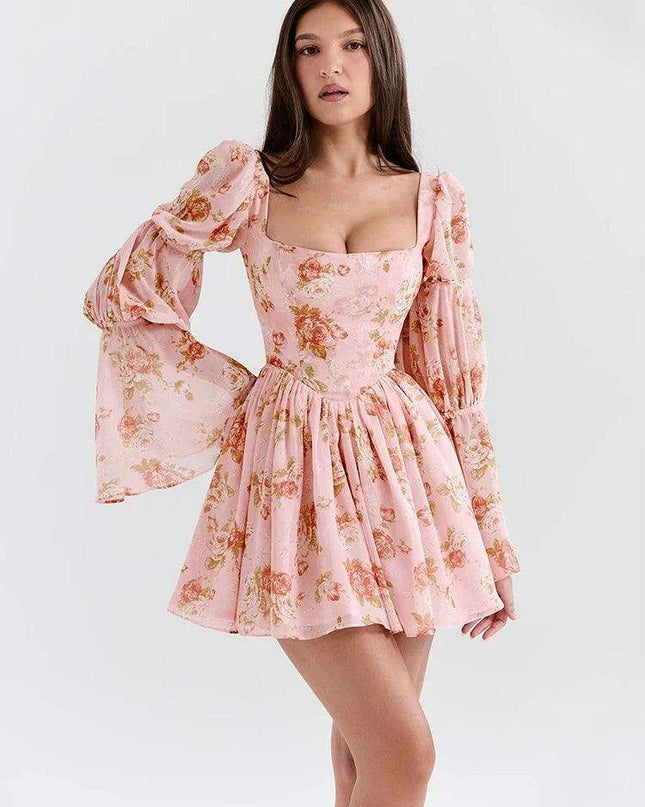 Floral Ruffled Puff Sleeve Backless Mini Dress for Women - Chic Party Clubwear