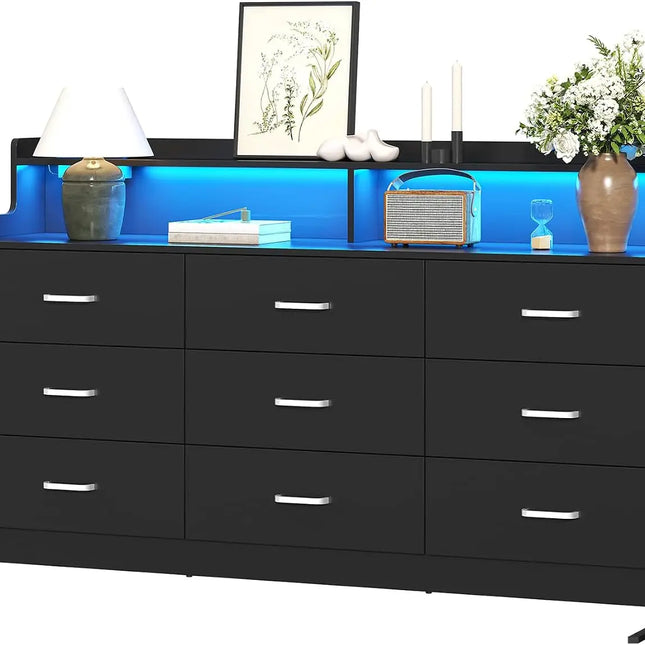 9 Drawer Dresser with Power Outlet & RGB LED Lights | Triple Wide | Oil-Rubbed Finish