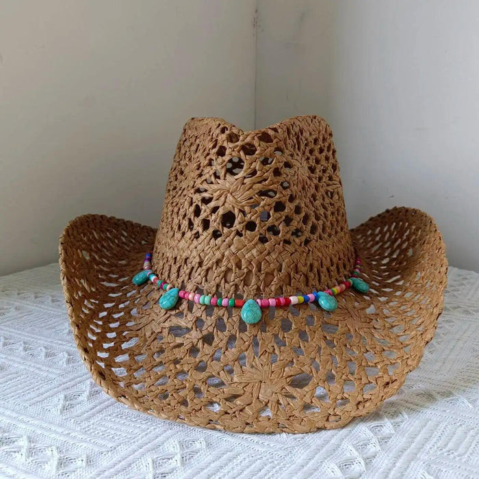 Rose Red Cowboy Straw Hat - Adjustable Wide Brim Sun Hat for All Seasons