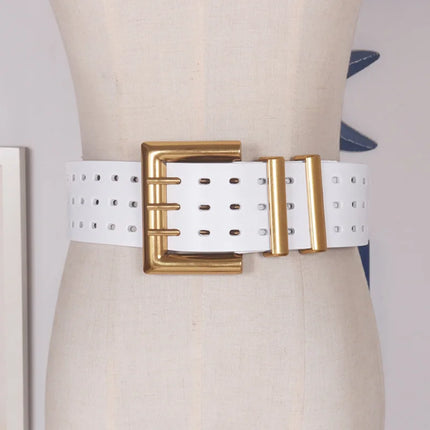 Two-Layer Cowhide Wide Belt with Bronze Buckle — 5.8cm Women’s Leather