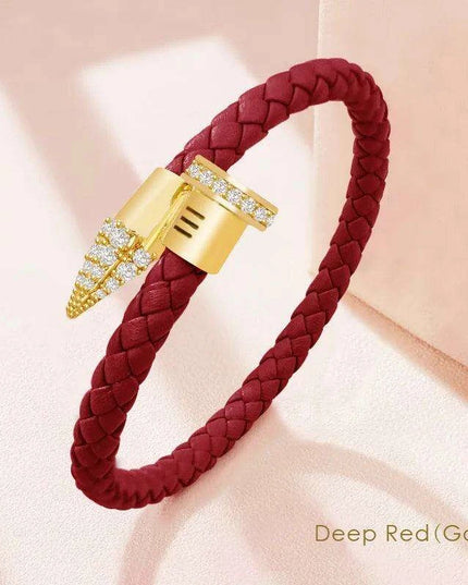 Chic Customizable Leather Nail Bracelet with Dazzling Zirconia - Stylish Women's Accessory