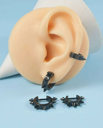 Men's Silver/Black Stainless Steel Spike Hoop Earring - Edgy Cartilage Jewelry for Tragus, Helix, and Daith Piercings