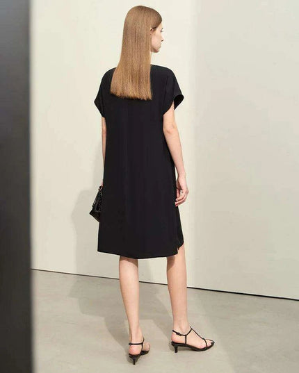 Asymmetrical Summer Chiffon Dress with Pleated Neckline and Breezy Short Sleeves