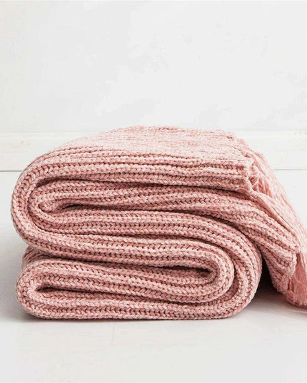 Charming Chenille Knit Throw Blanket with Delightful Pompoms - Cozy Elegance for Your Living Space