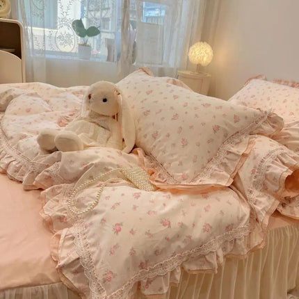 Vintage Floral Cotton Bedding Set - 100% Cotton Ruffle Edge Duvet Cover Set