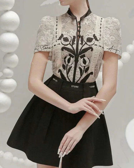 Floral Embroidery Lace Top and Pleated Skirt Set