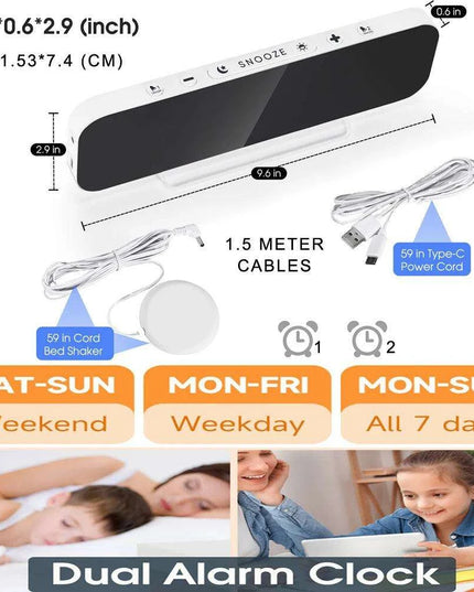 Dual Alarm Vibrating Clock with RGB LED Night Light and Bed Shaker - Loud Wake-Up Alarm