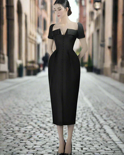 Square Neck Button-Front Short Sleeve Dress