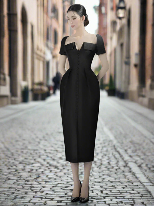 Square Neck Button-Front Short Sleeve Dress