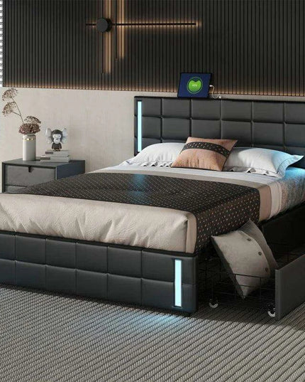 Luxurious Queen Bed with Smart LED Lighting, USB Charging, and Spacious Storage Options