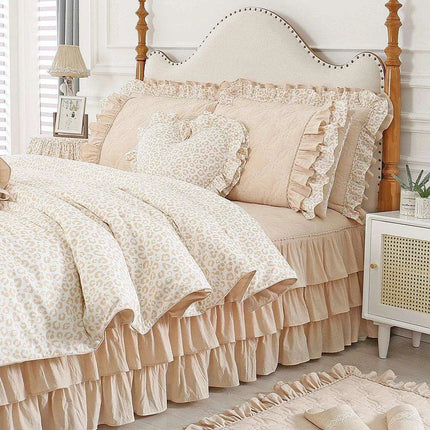 Elegant Leopard Print Ruffled Cotton Bedding Set - 4-Piece Korean-Inspired Duvet Collection with Bed Skirt