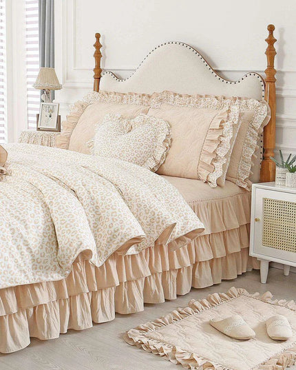 Elegant Leopard Print Ruffled Cotton Bedding Set - 4-Piece Korean-Inspired Duvet Collection with Bed Skirt