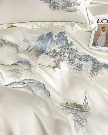 Elegant Chinese Landscape Embroidery Luxury Bedding Set - Silky Duvet Cover, Soft Quilt Cover, Bed Sheet & Pillowcases for 2024