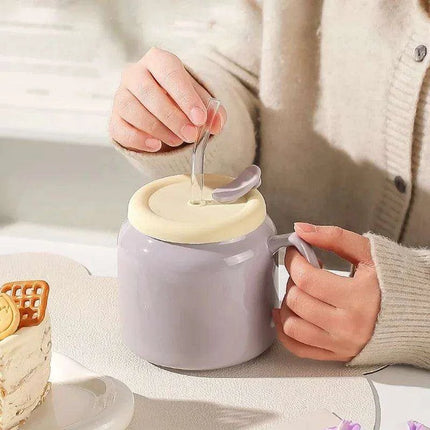 Charming Purple and Beige Ceramic Love Mug Set with Lid and Straw