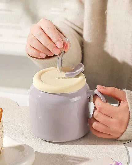 Charming Purple and Beige Ceramic Love Mug Set with Lid and Straw