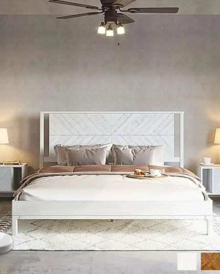 Rustic Golden Brown Acacia Wood Queen Bed Frame with Herringbone Headboard