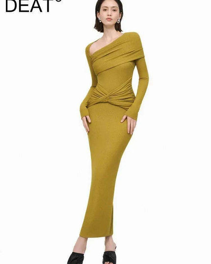 Sophisticated Asymmetrical Knit Dress with Pleats and Cross Collar for Women - Form-Fitting Autumn Evening Dress 2024