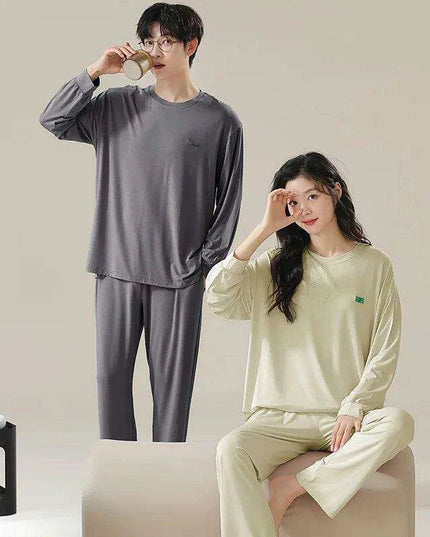 Chic Spring 2024 Modal Couples Pajama Set - Long Sleeve Loungewear with Cozy Round Neck