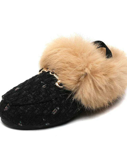 Charming Kids Black Fur Slip-On Slippers - Cozy Outdoor Slides for Boys and Girls
