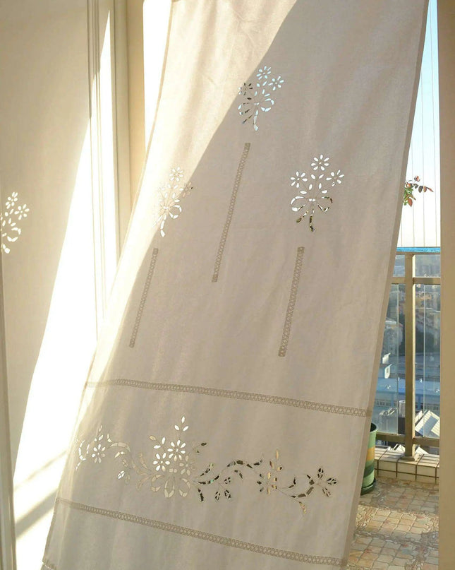 Cotton Kitchen Curtain with Hollow Design and Fun Tassel Trim - 01 panel