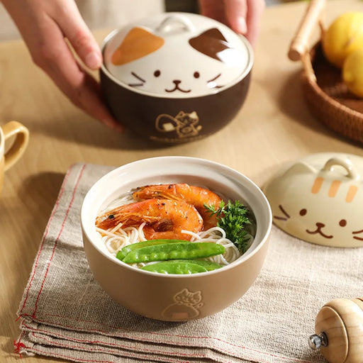 Adorable Japanese Cartoon Cat Ceramic Noodle Bowl with Lid - Versatile Tableware for Lunch or Fruit