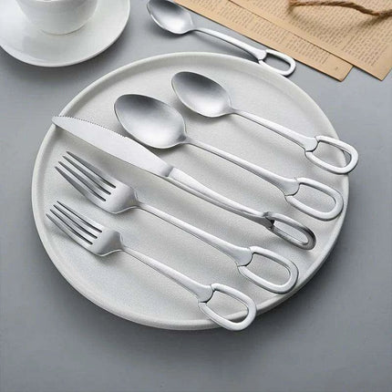 Elegant 5-Piece Stainless Steel Cutlery Set with Stylish Hanging Handles for a Luxurious Dining Experience