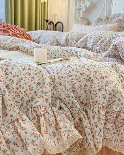 Elegant Vintage Floral Ruffled Cotton Bedding Collection with Skirt and Pillowcases