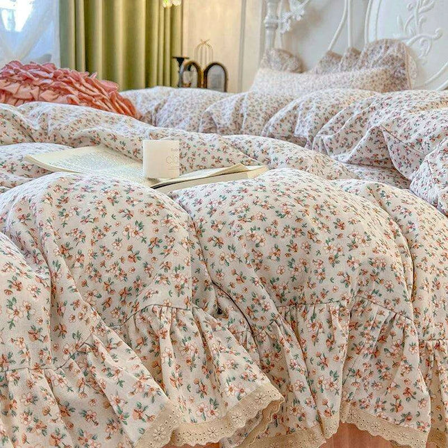 Elegant Vintage Floral Ruffled Cotton Bedding Collection with Skirt and Pillowcases