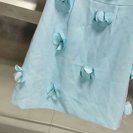 Sophisticated High Waist Appliqued Dress with Elegant Stand Collar and Short Sleeves for Women