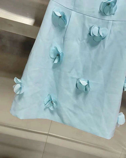 Sophisticated High Waist Appliqued Dress with Elegant Stand Collar and Short Sleeves for Women