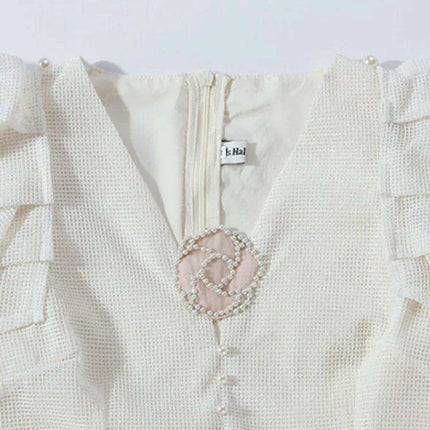 Pearl Embroidered V-Neck A-Line Dress with Flutter Sleeves