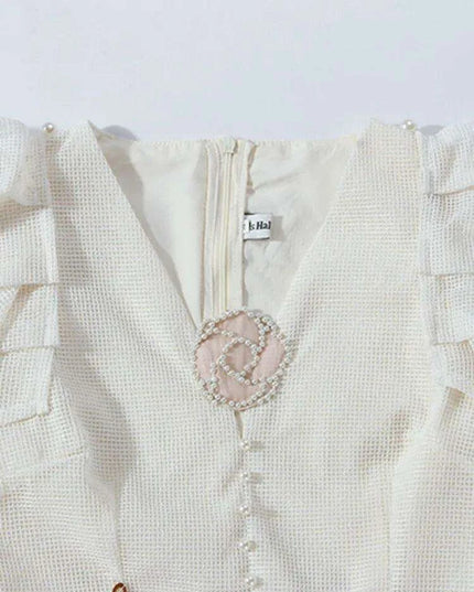 Pearl Embroidered V-Neck A-Line Dress with Flutter Sleeves