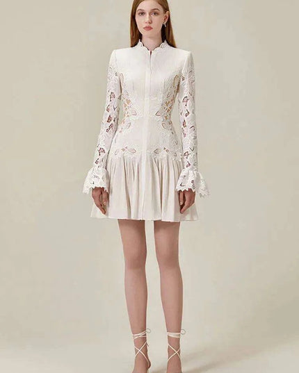 Embroidered Lace Evening Dress with Pleated Flare Sleeves for Women