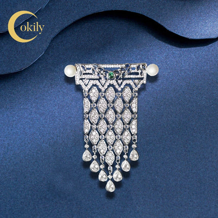 OKILY Retro Palace Style Exquisite Zircon Tassel Brooch Elegant Freshw