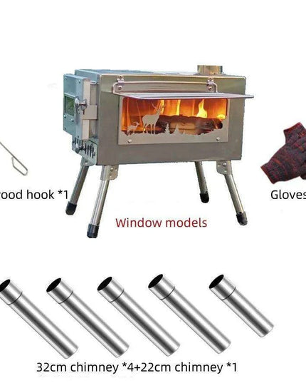 Compact Stainless Steel Outdoor Wood Stove with Chimney for Cooking and Heating