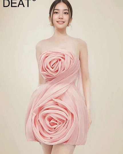 3D Floral Strapless Mini A-line Dress for Women – Slim Waist